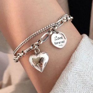 *925 Sterling Silver Heart Link Chain Bracelet B